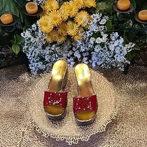 Michael Michael Kors Montgomery Red Gold Brown Wedge Mules Sandals Size: 8.5